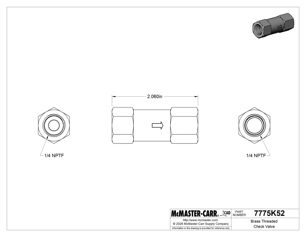 Technical Drawing of Brass Threaded Check Valve, with Brass Spring-Loaded Piston, 1/4 NPTF Female.
